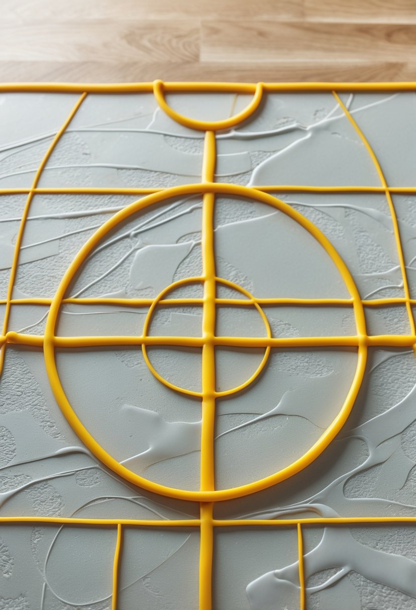 A basketball court with court lines made from colorful edible fondant on a cake-like surface.