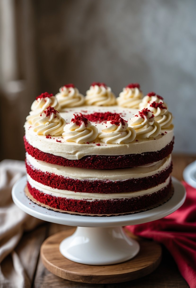 A layered red velvet cake with cream cheese frosting on a cake stand on a wooden table.