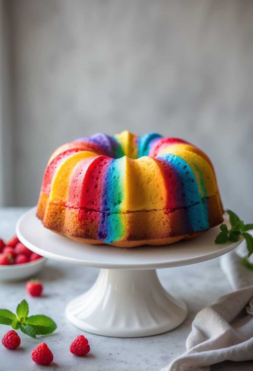 A colorful rainbow tie-dye Bundt cake on a white cake stand with fresh berries and mint on the side.