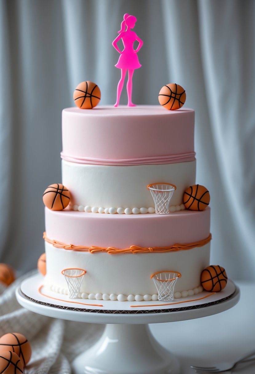 A two-layer cake decorated with pink Barbie-themed elements and basketball decorations on a white cake stand.