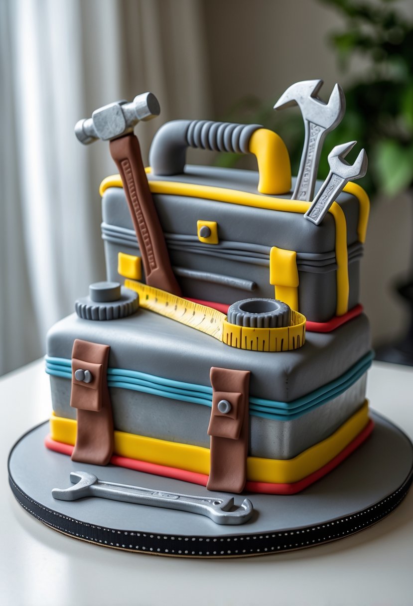 A birthday cake decorated with edible tools like a hammer and wrench, styled to look like a toolbox.