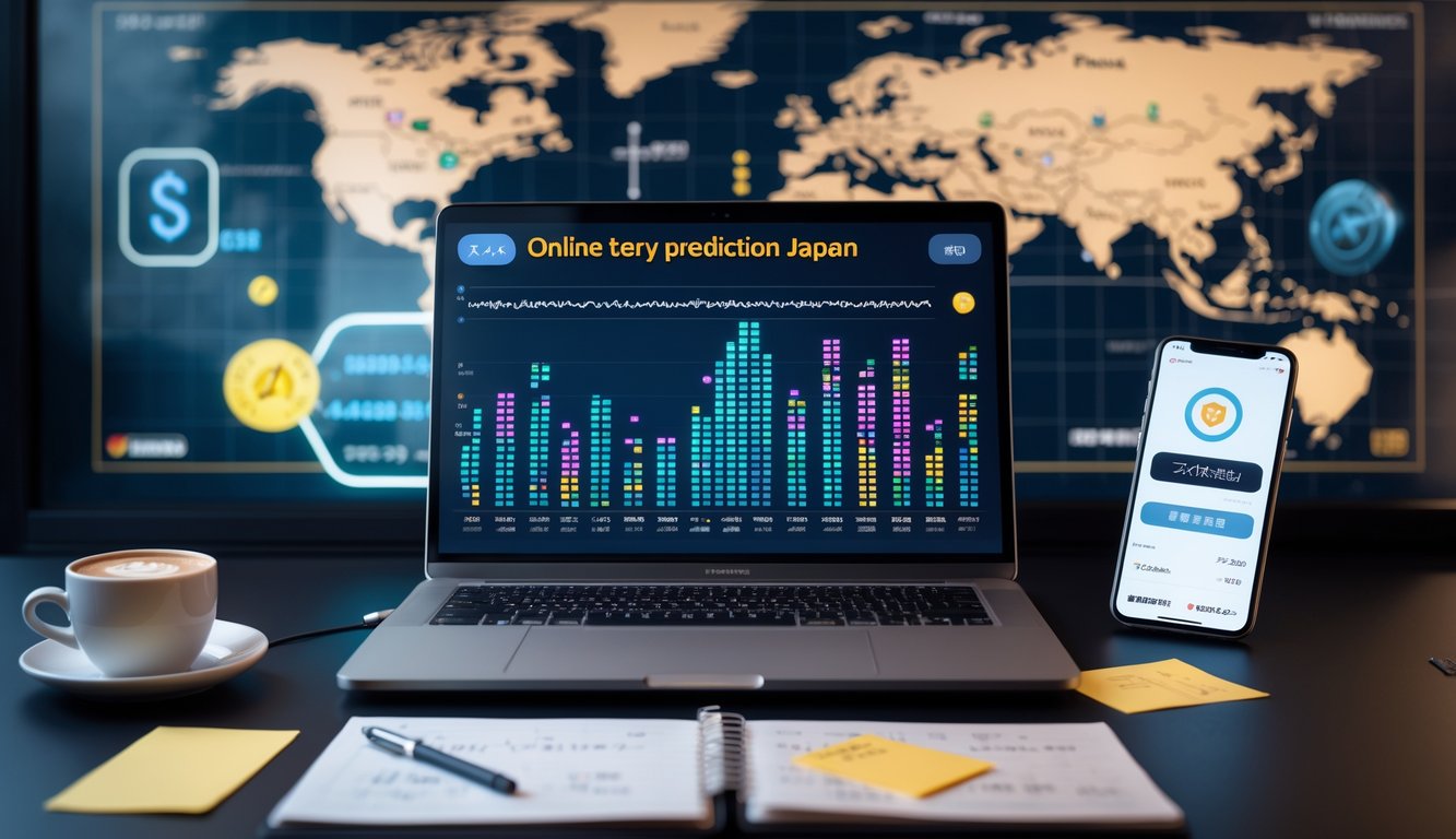 Meja kerja modern dengan laptop yang menampilkan grafik dan pola angka, catatan rapi, kopi, dan ponsel yang menunjukkan aplikasi taruhan aman.
