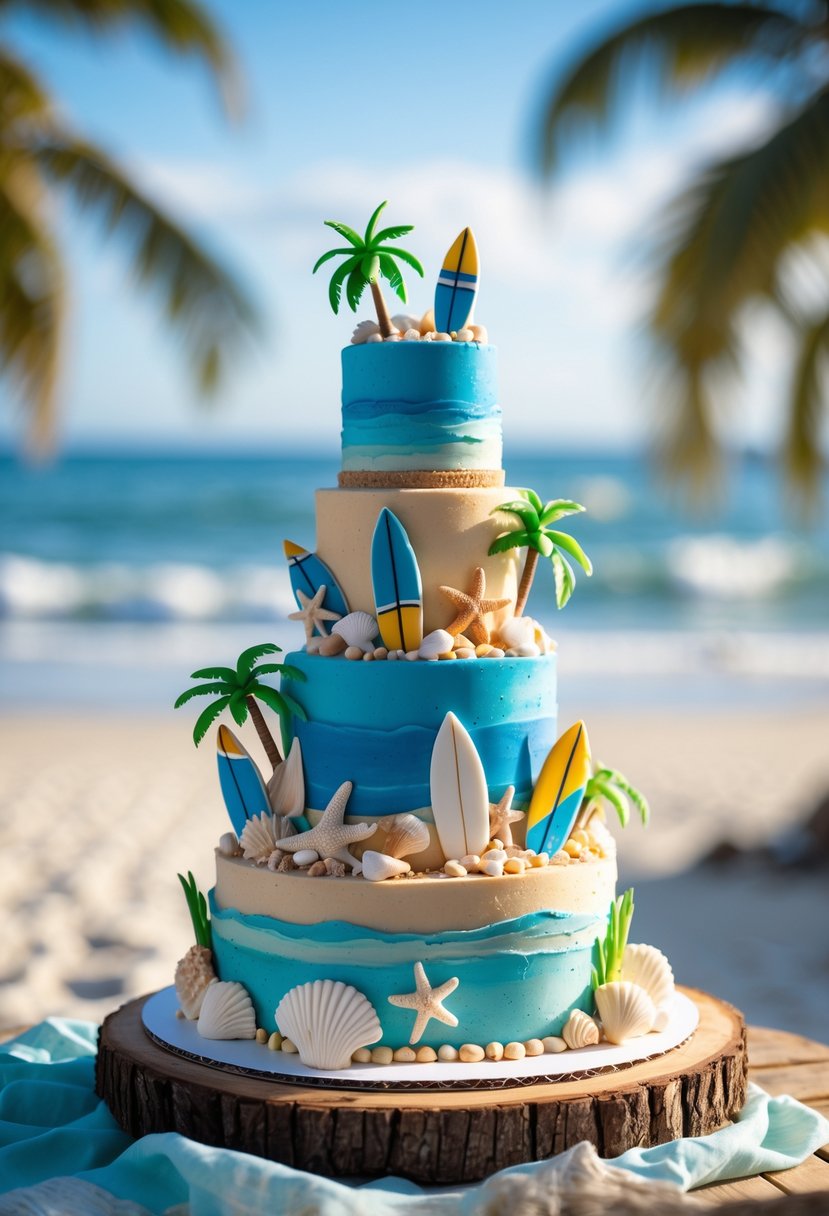 A multi-tiered birthday cake decorated with surfboards, seashells, and palm trees on a table with a beach and ocean in the background.