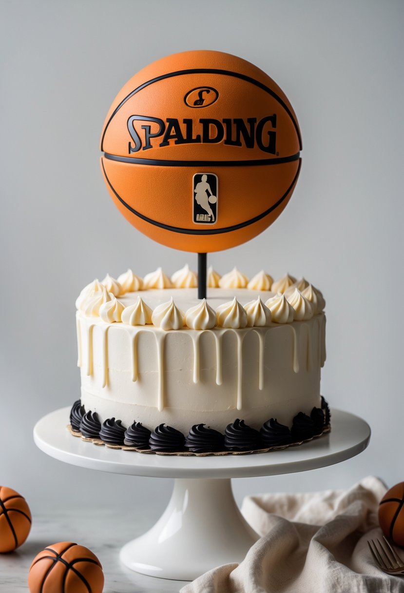 A cake decorated with a realistic basketball topper inspired by Spalding, sitting on a plain surface.
