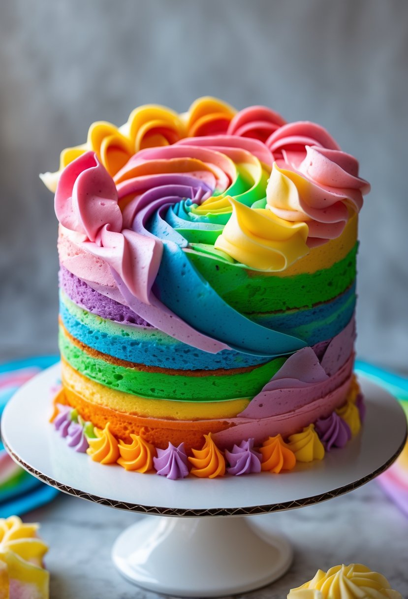 A colorful multi-layered rainbow cake with a pinwheel pattern on a white cake stand.