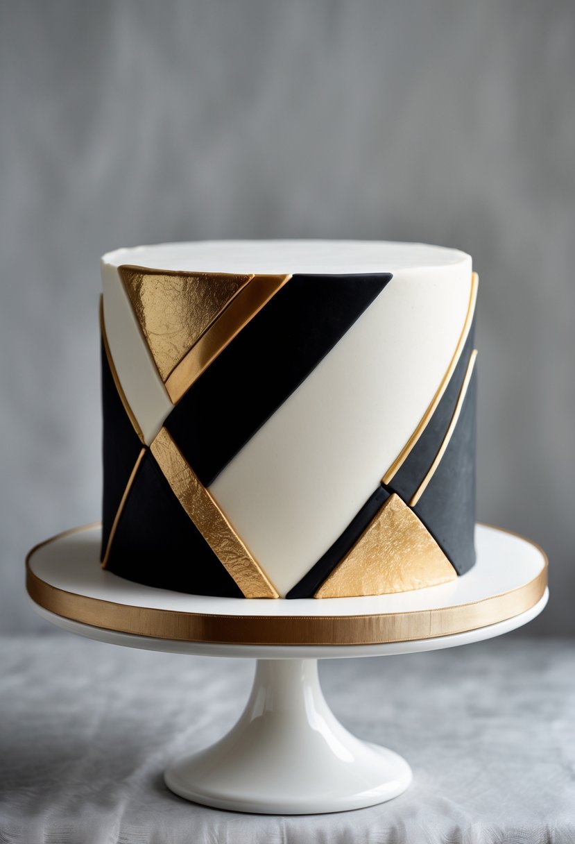 A birthday cake decorated with bold geometric shapes and metallic accents on a cake stand.