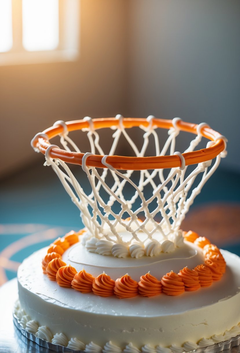 A close-up of a basketball hoop and net made from icing on top of a cake.