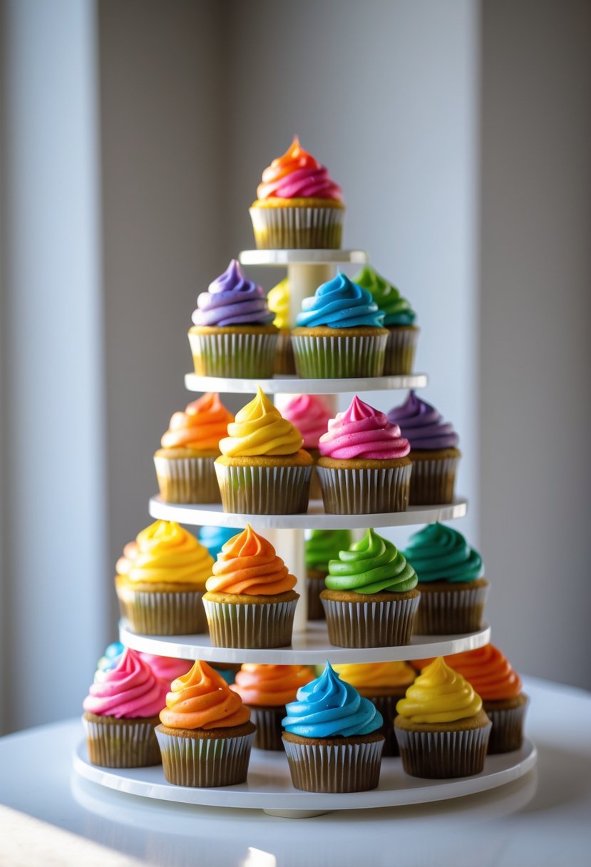A multi-tiered tower of cupcakes with rainbow-colored frosting arranged on a white surface.