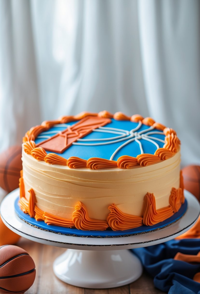 A round cake decorated in vibrant NBA team colors with basketball-themed details, displayed on a white cake stand on a wooden table.
