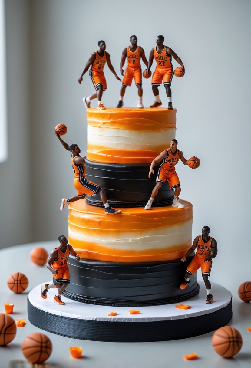 A multi-tiered cake decorated with miniature basketball players in various action poses.