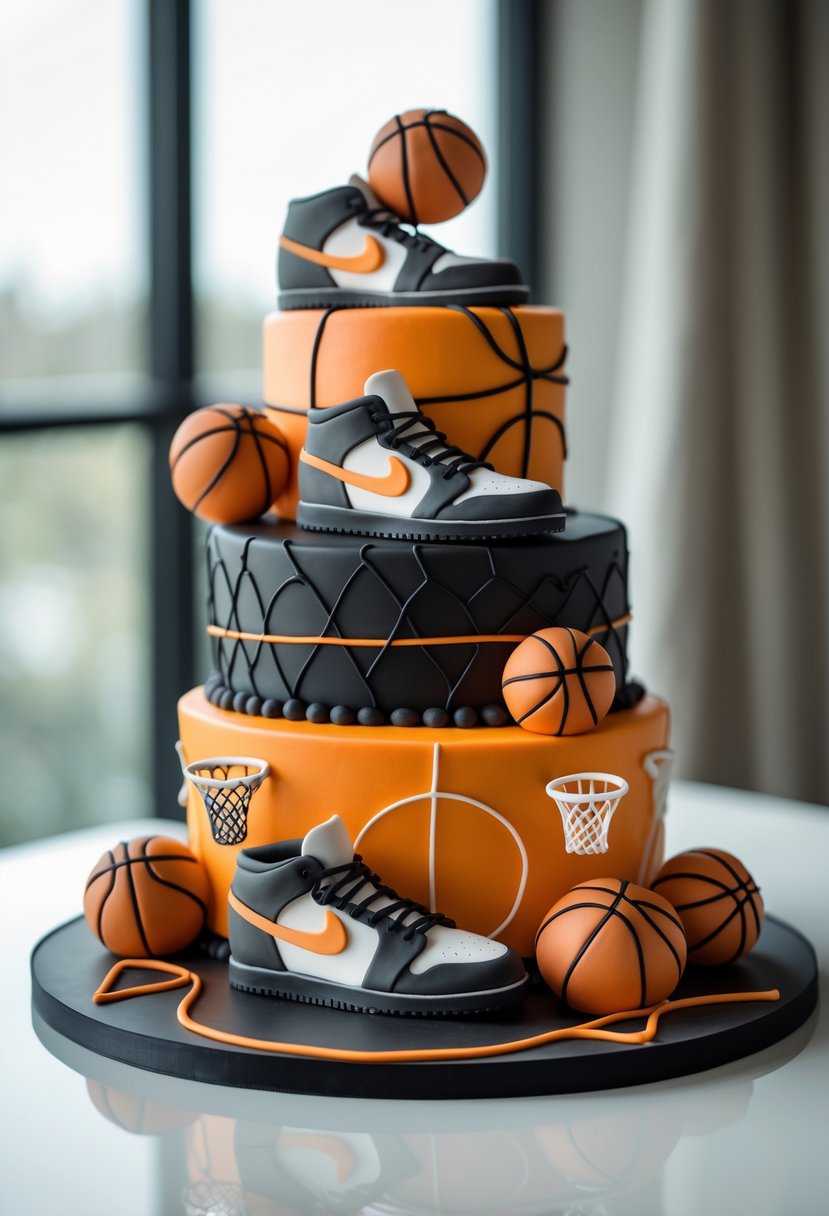 A birthday cake decorated with basketball-themed designs and edible shoes placed around it.