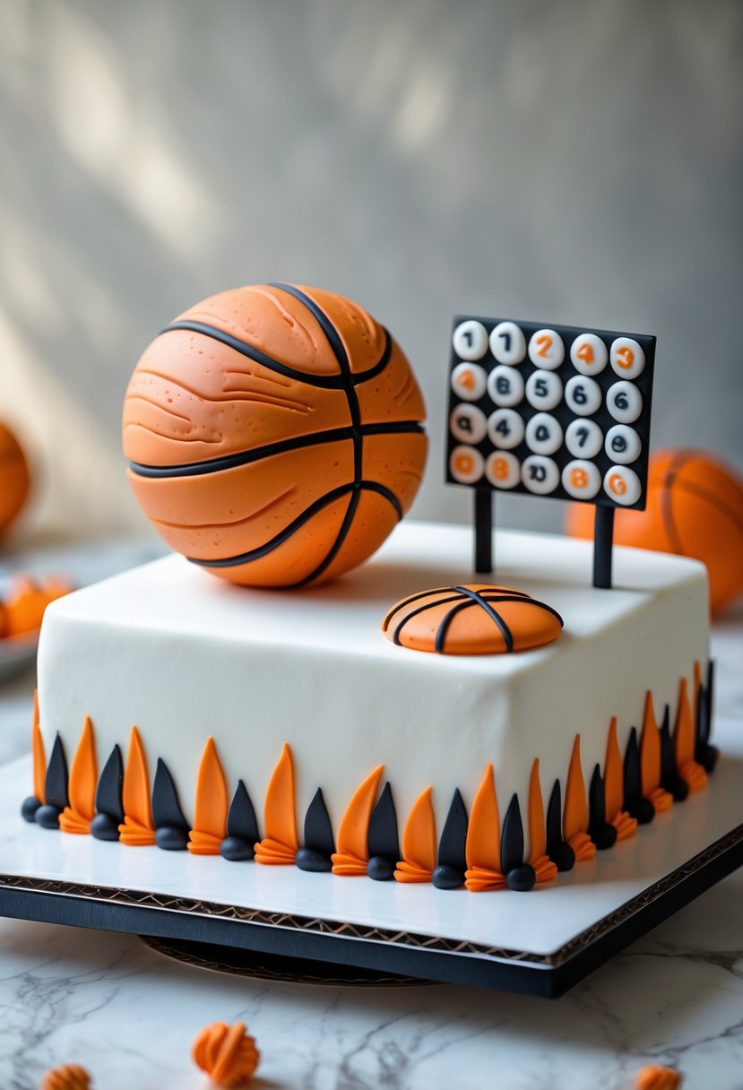Square cake topped with a fondant basketball and a fondant scoreboard.