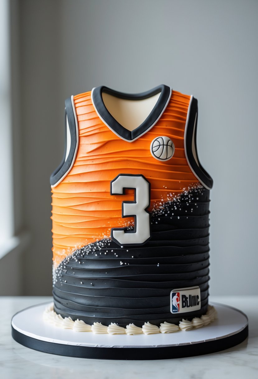 A cake shaped like a basketball jersey with a number on the front, displayed on a white surface.