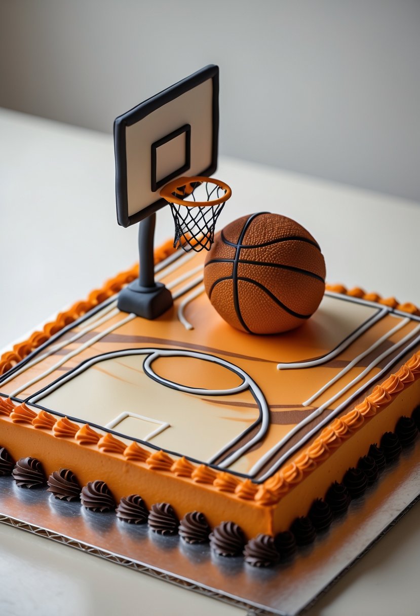A basketball-themed cake shaped like a basketball court with a 3D hoop and net on one end.