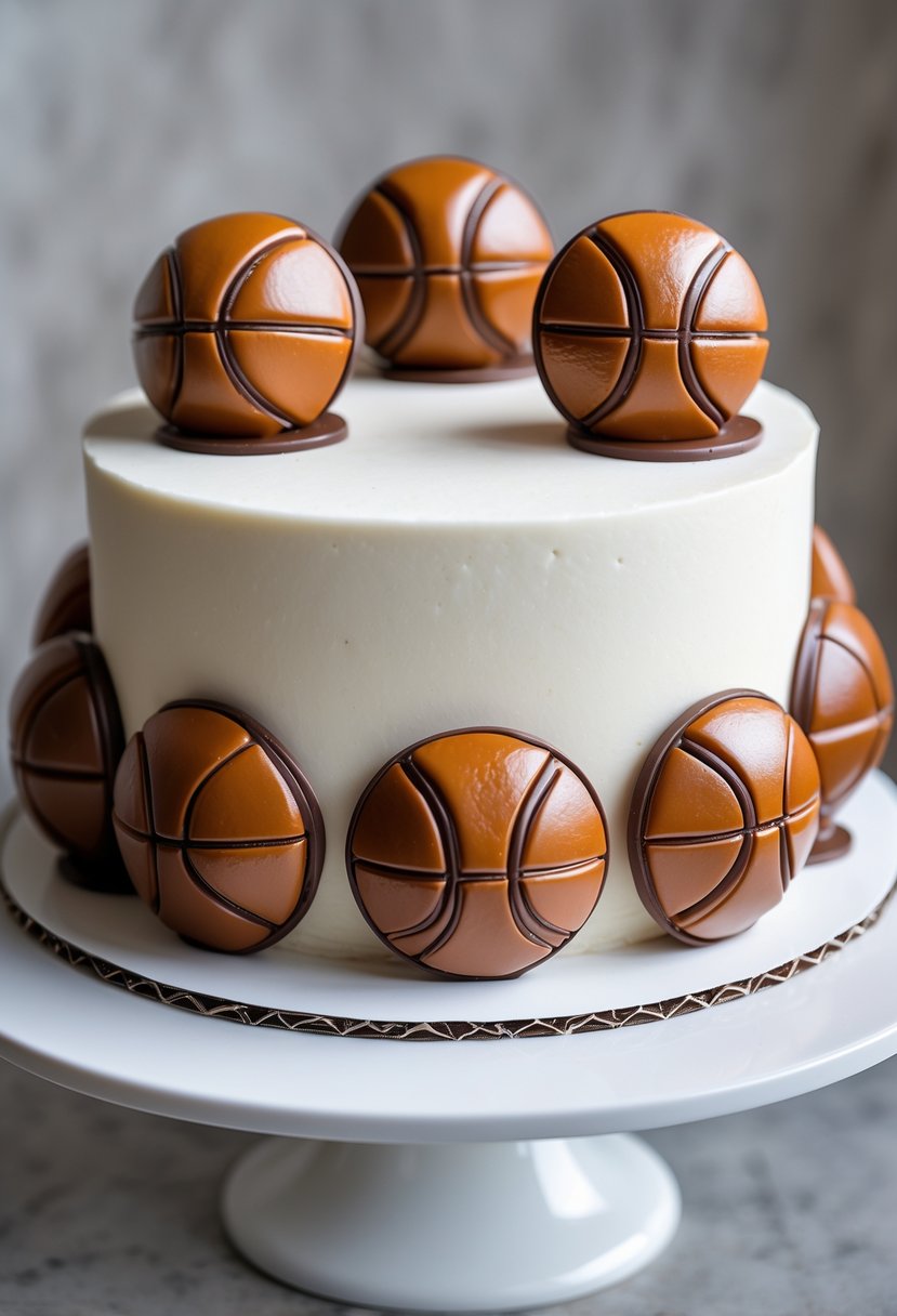 A round cake decorated with chocolate basketball-shaped medallions on a white cake stand.