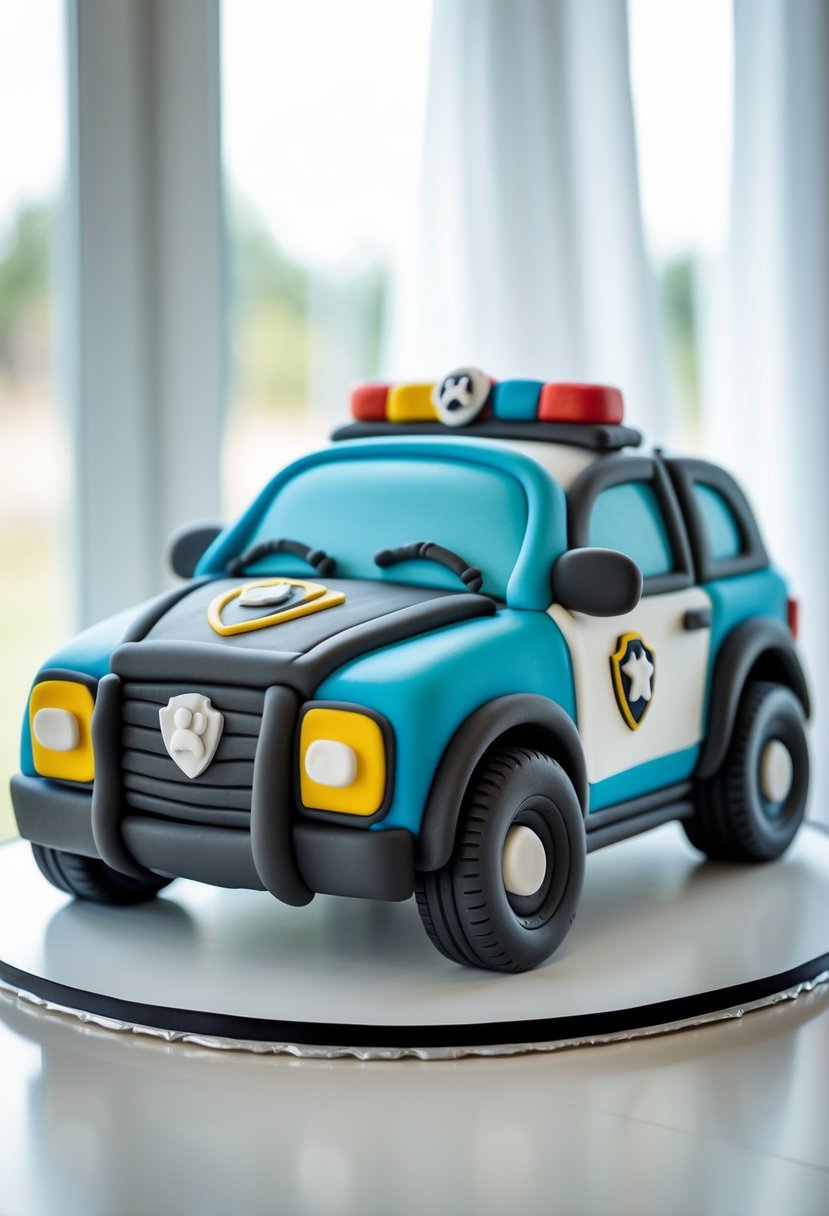 A detailed cake shaped like a blue police cruiser from Paw Patrol on a white surface.