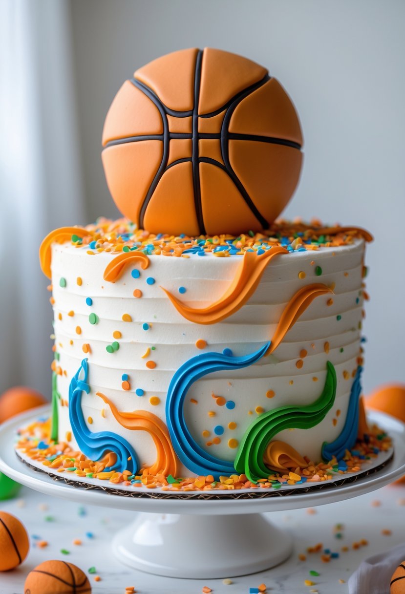 A basketball-themed cake decorated with colorful edible confetti and vibrant swirls, topped with a fondant basketball.
