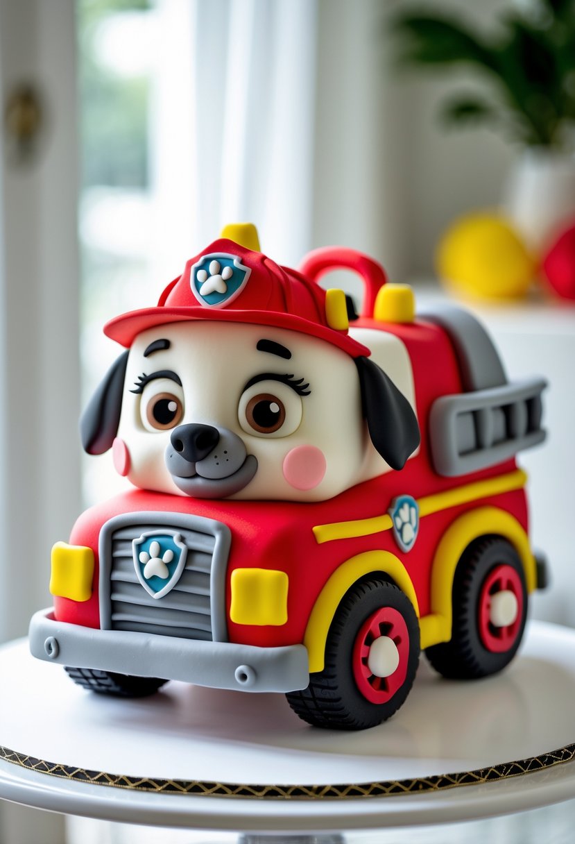 A colorful cake shaped like a firetruck character from Paw Patrol on a white platter.