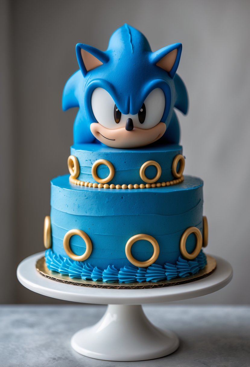 A two-tier blue birthday cake decorated with edible gold rings on a white cake stand.