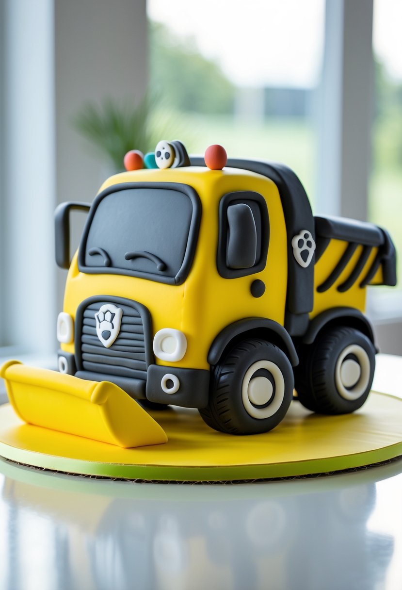A detailed cake shaped like a yellow construction truck from Paw Patrol on a white surface.