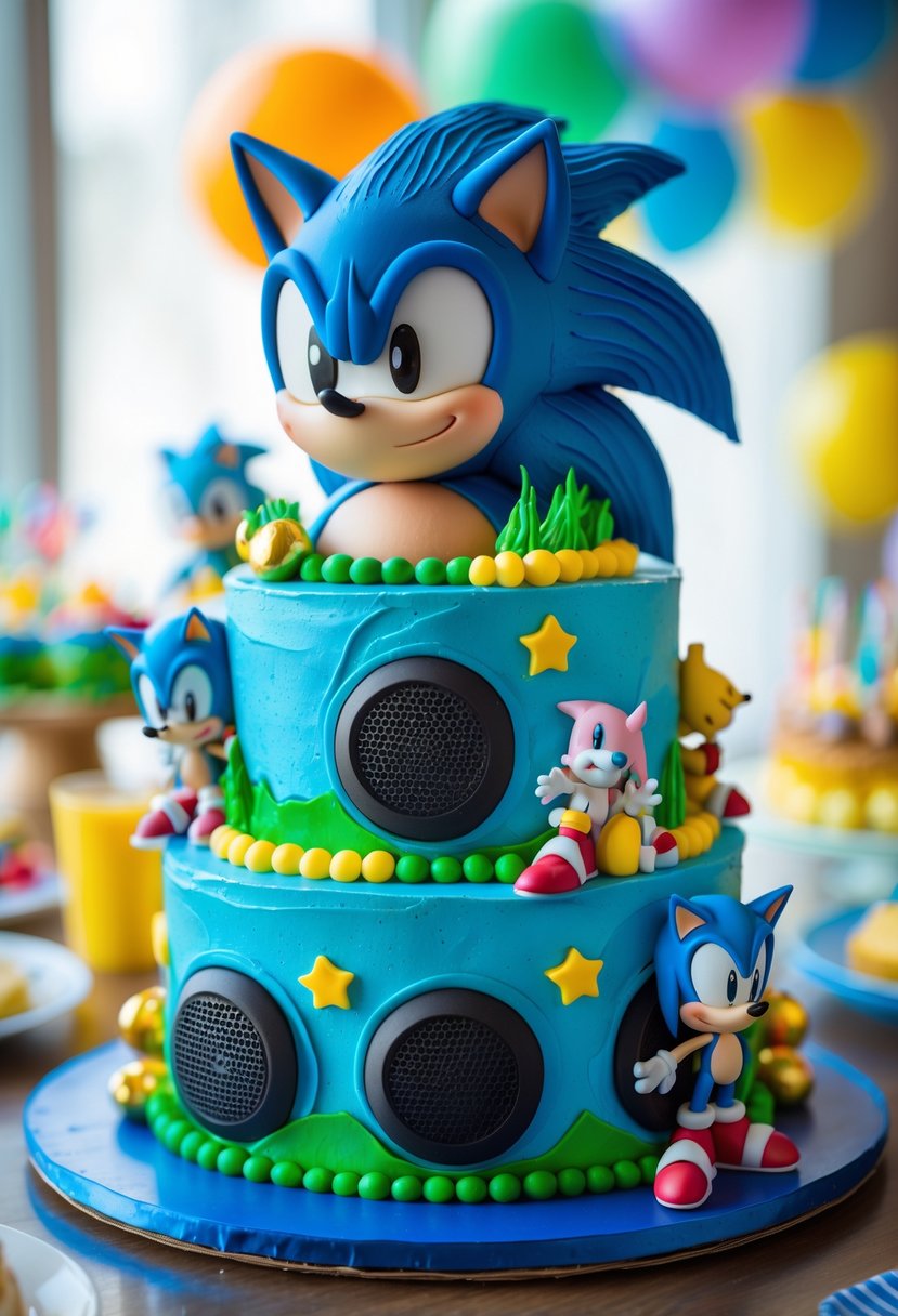A multi-tiered Sonic-themed birthday cake with blue frosting and character decorations, featuring built-in speakers, surrounded by birthday party decorations.