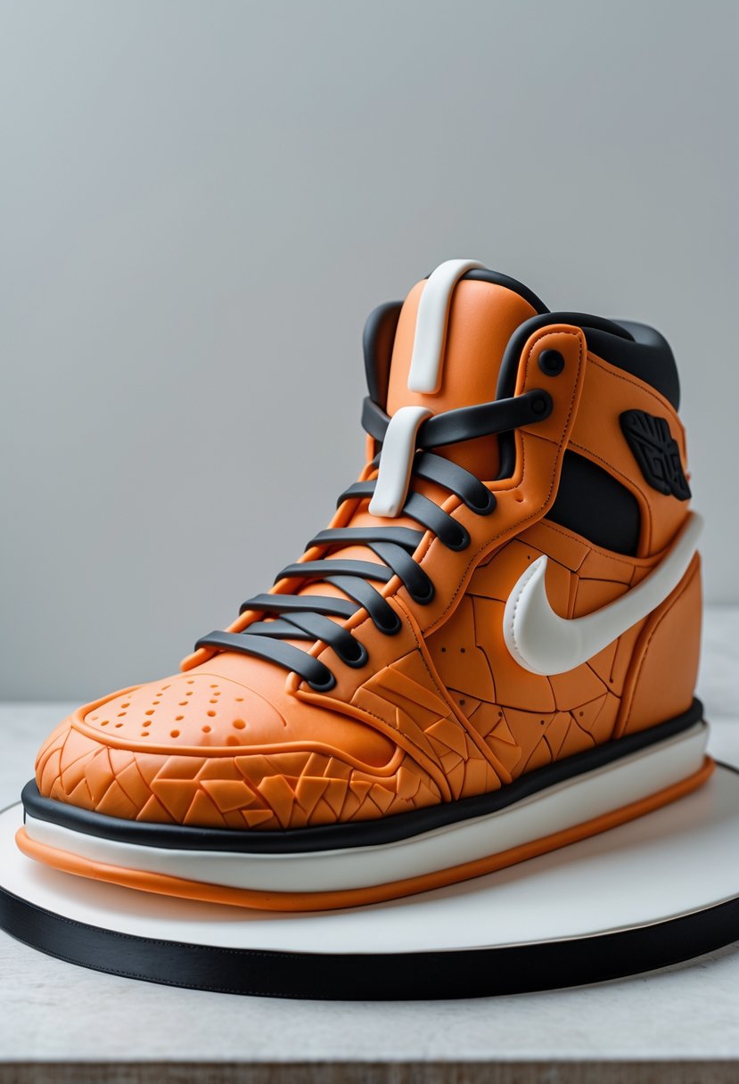 A detailed cake shaped like a basketball sneaker on a plain background.