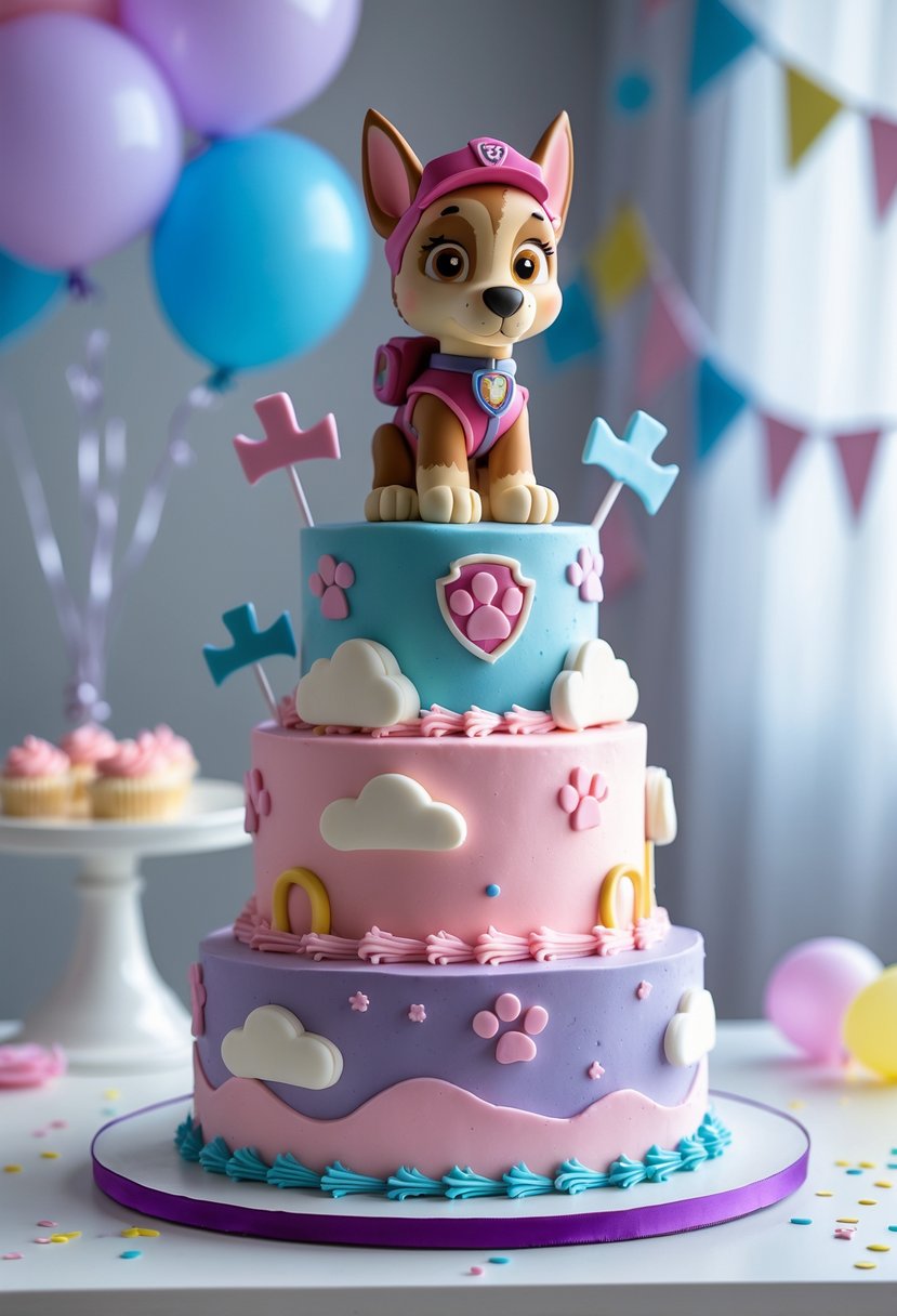 A colorful children's birthday cake decorated with a Skye the helicopter pup figure and themed decorations on a white table with party decorations in the background.