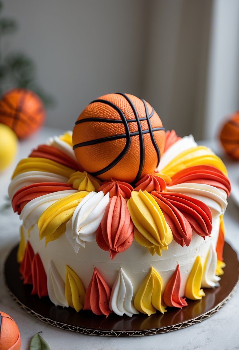 A round cake decorated with colorful buttercream petals and a small basketball on top.