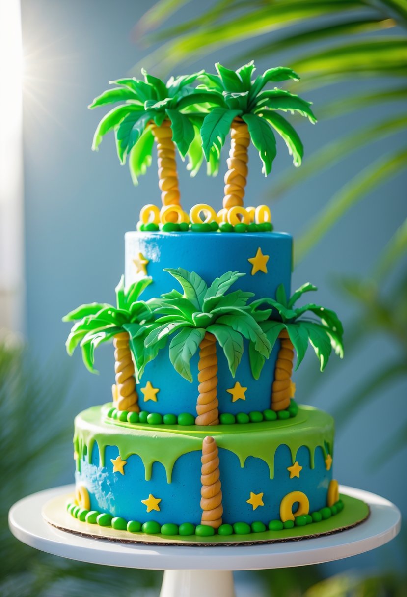 A multi-tiered birthday cake decorated with tropical palm trees and Sonic the Hedgehog themed colors and decorations.
