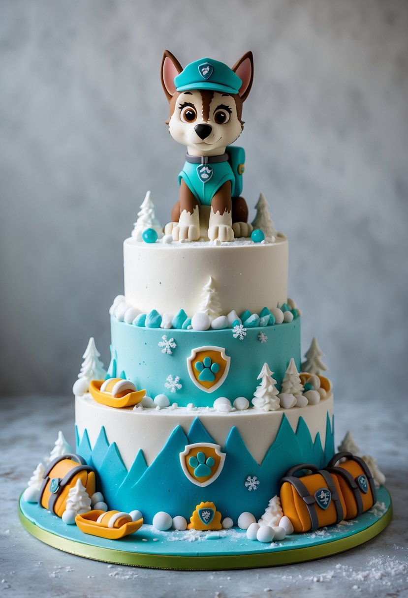 A multi-tiered cake decorated with snow and ice themes featuring an edible figure of Everest the husky from Paw Patrol in a snow rescue outfit surrounded by snowflake and mountain decorations.