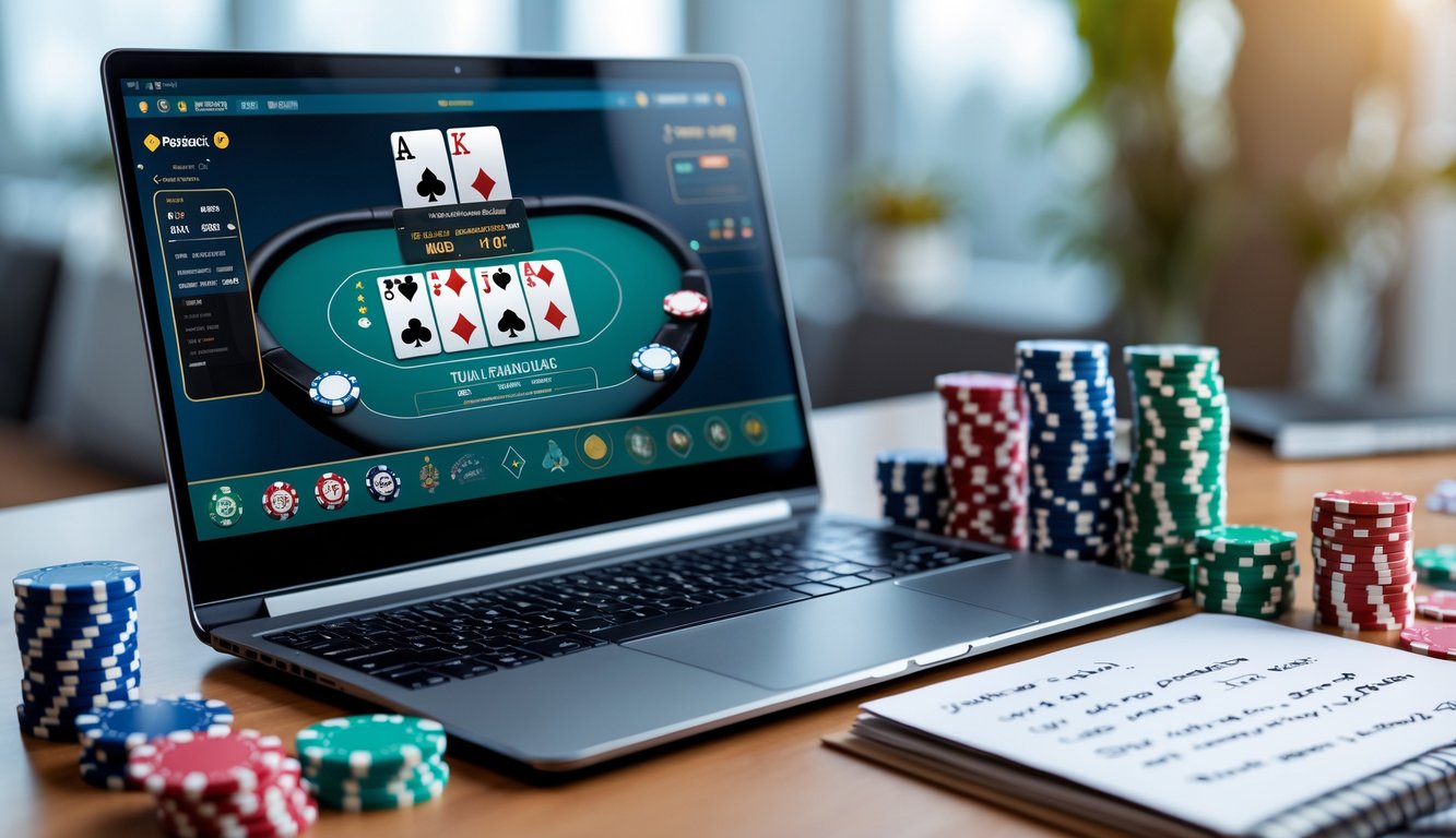 Meja kerja dengan laptop menampilkan permainan poker online Texas Hold'em, dikelilingi chip poker, kartu bermain, dan buku catatan strategi.