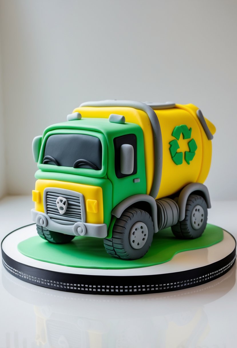 A detailed cake shaped like Rocky's recycling truck from Paw Patrol on a white background.