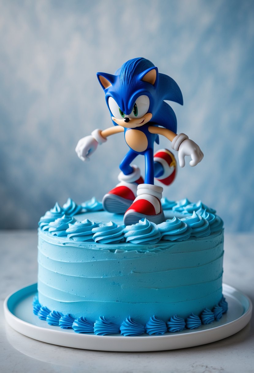 A blue buttercream cake with a Sonic the Hedgehog toy on top on a white plate.