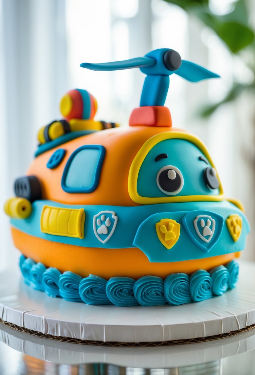 A detailed orange hovercraft-shaped cake inspired by the Paw Patrol character Zuma on a white surface.