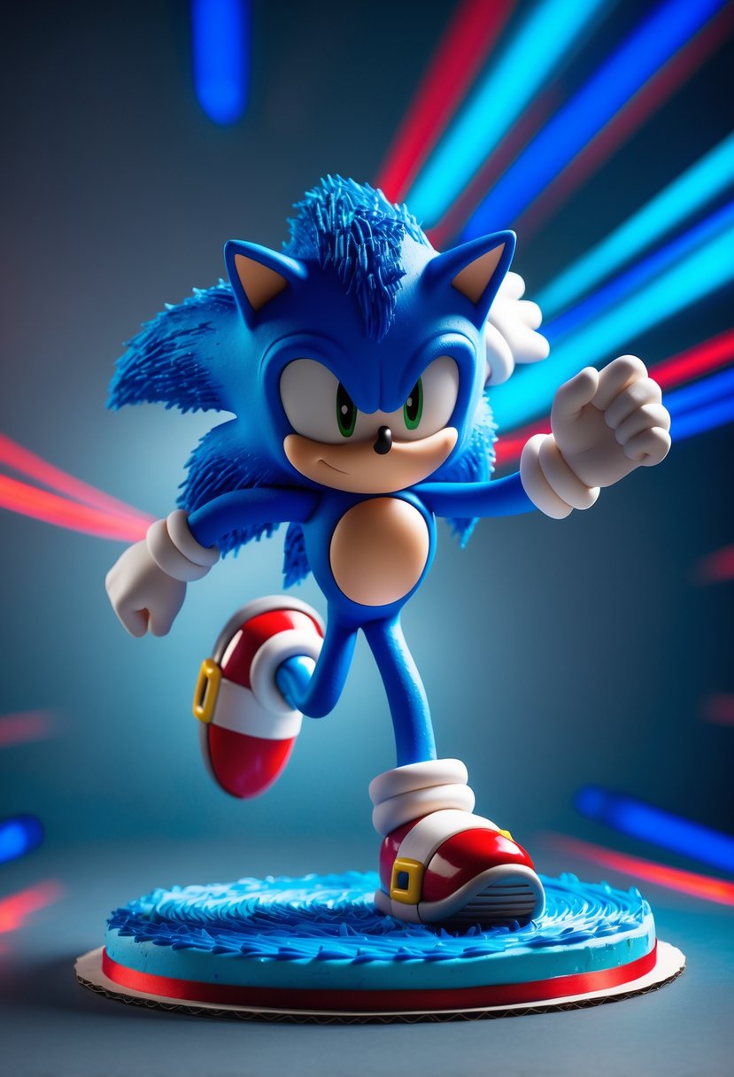 A birthday cake shaped like Sonic the Hedgehog running, with a colorful and dynamic background.