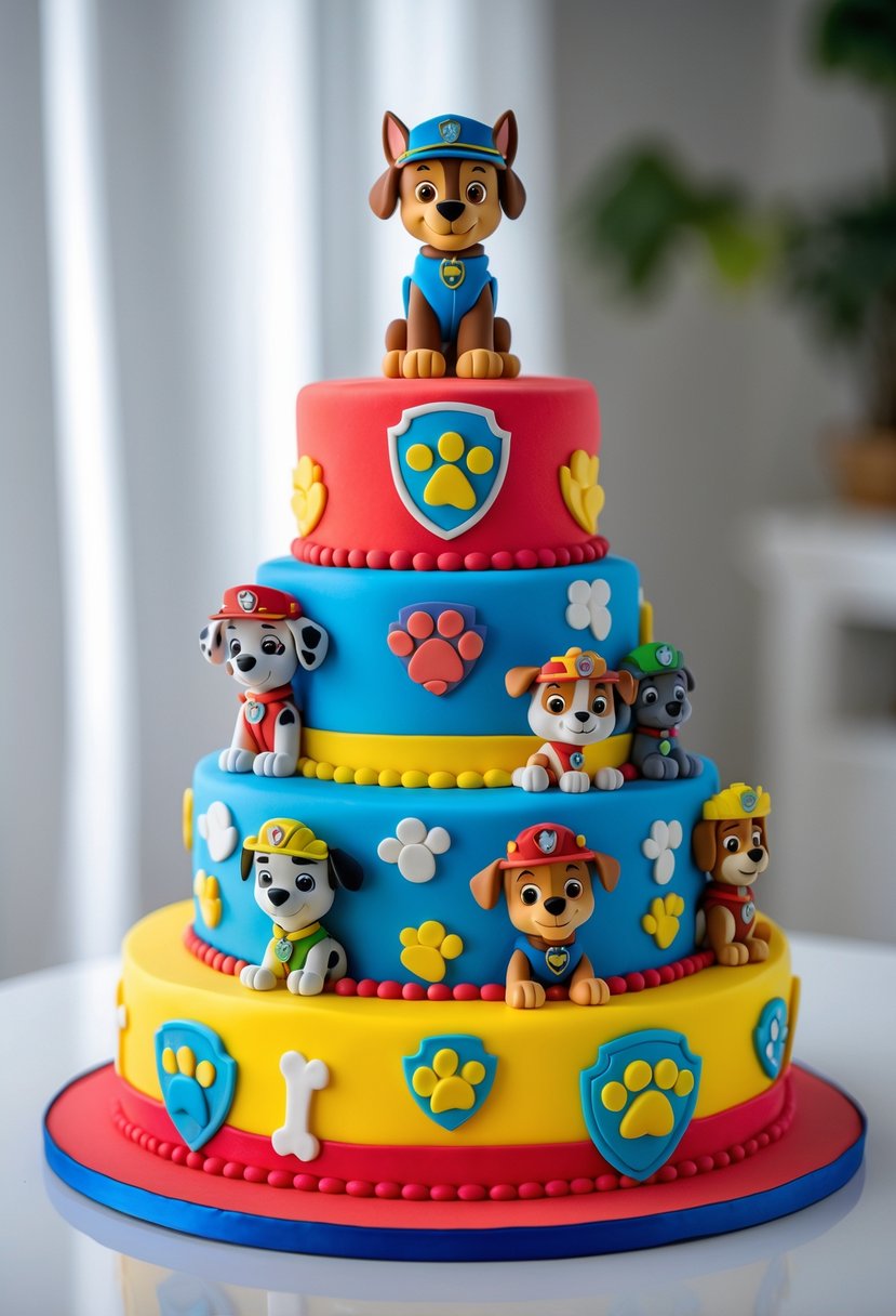 A colorful three-tiered cake decorated with Paw Patrol-themed edible decorations for a children's birthday party.