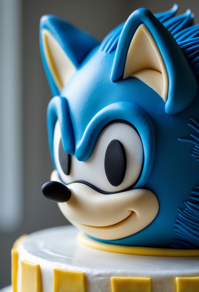 Close-up of a Sonic the Hedgehog themed birthday cake showing large white fondant eyes.
