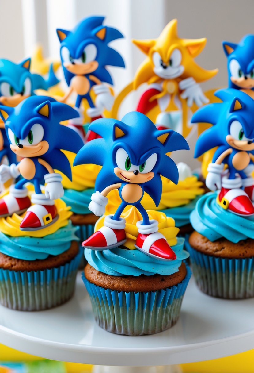 A set of cupcakes decorated with Sonic the Hedgehog character toppers arranged on a white platter.