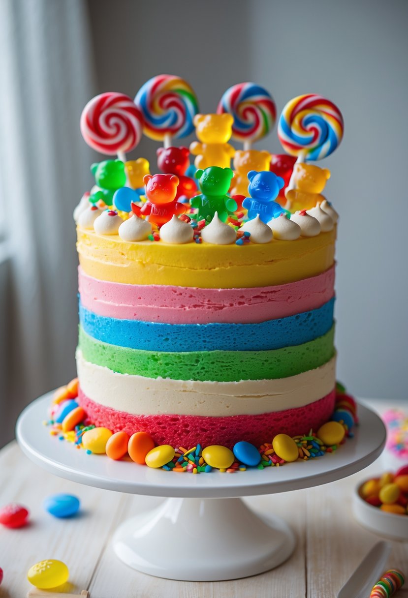 A colorful layered cake decorated with various candies on a white cake stand.