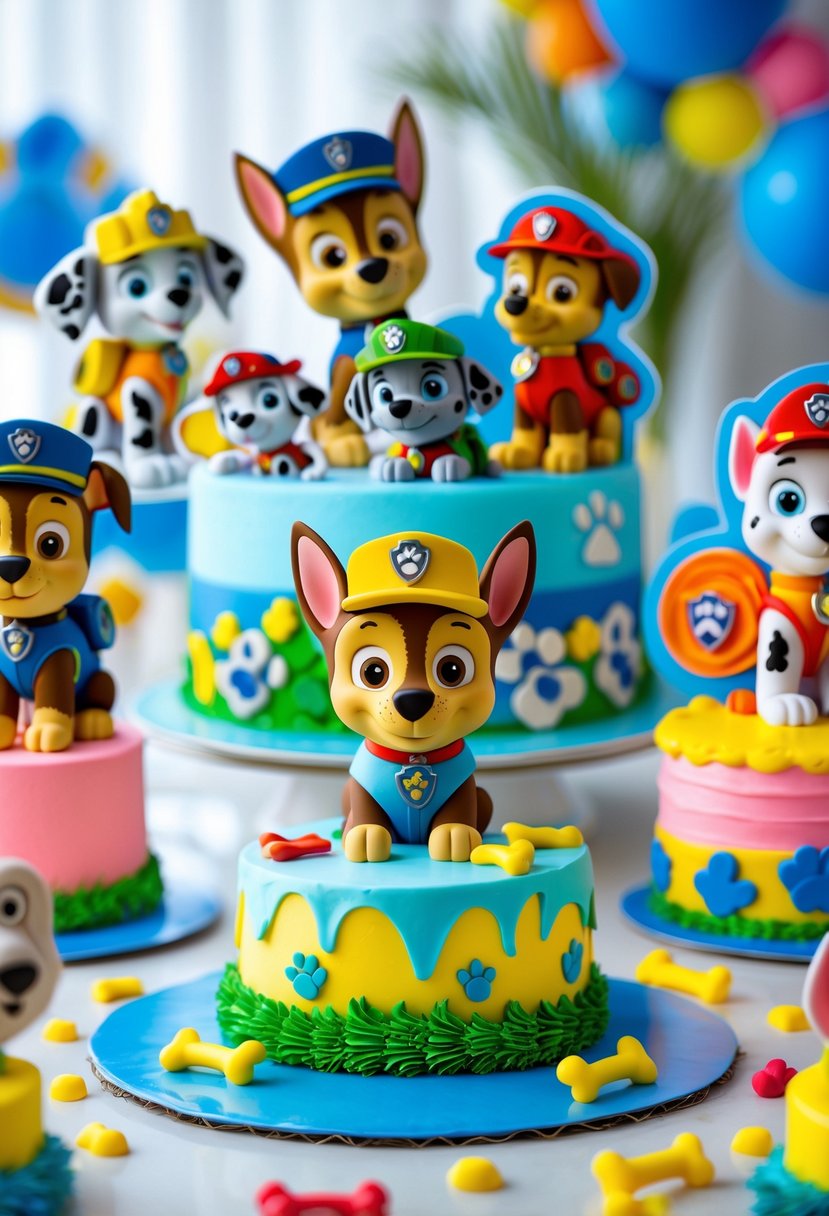 A display of decorated cakes with Paw Patrol character cutouts and sugar bone decorations on a table.