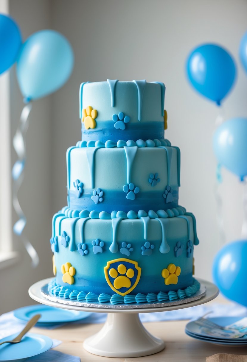 A tiered blue cake decorated with blue paw prints on a white cake stand with party decorations in the background.