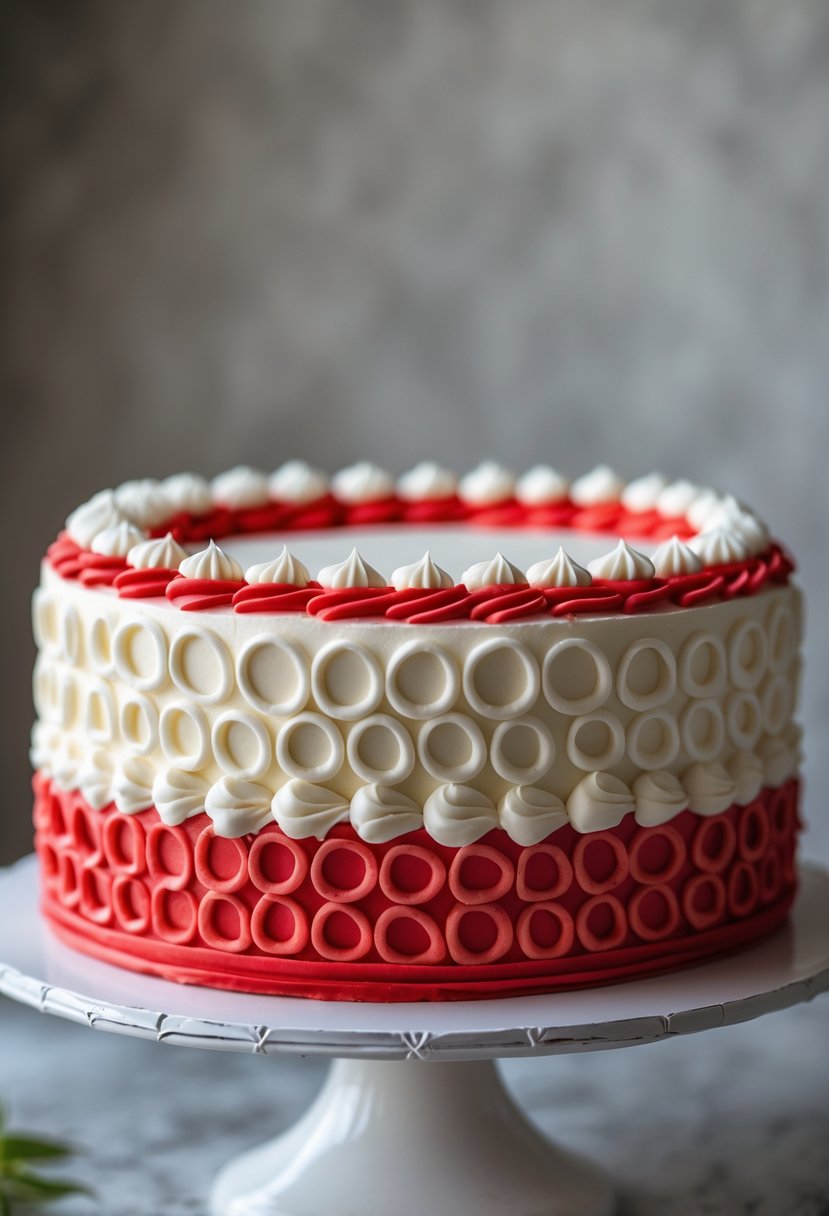A round cake with alternating red and white ring patterns on its sides, displayed on a white cake stand.