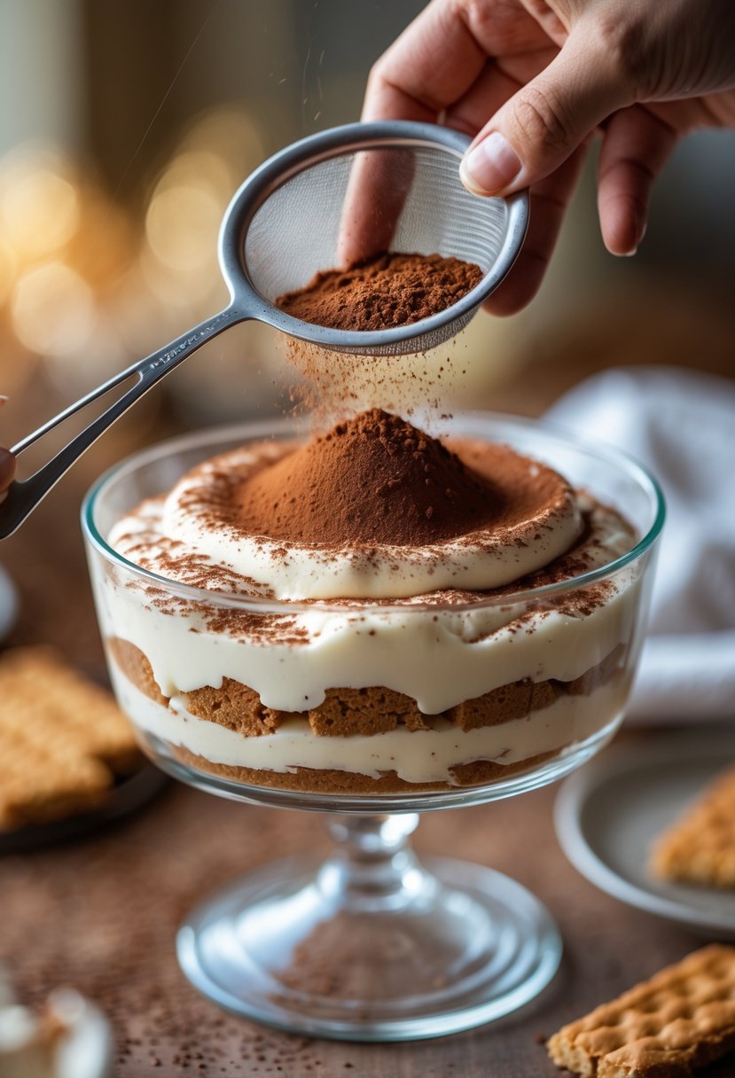 Close-up of a hand dusting cocoa powder over a layered tiramisu dessert in a glass dish.