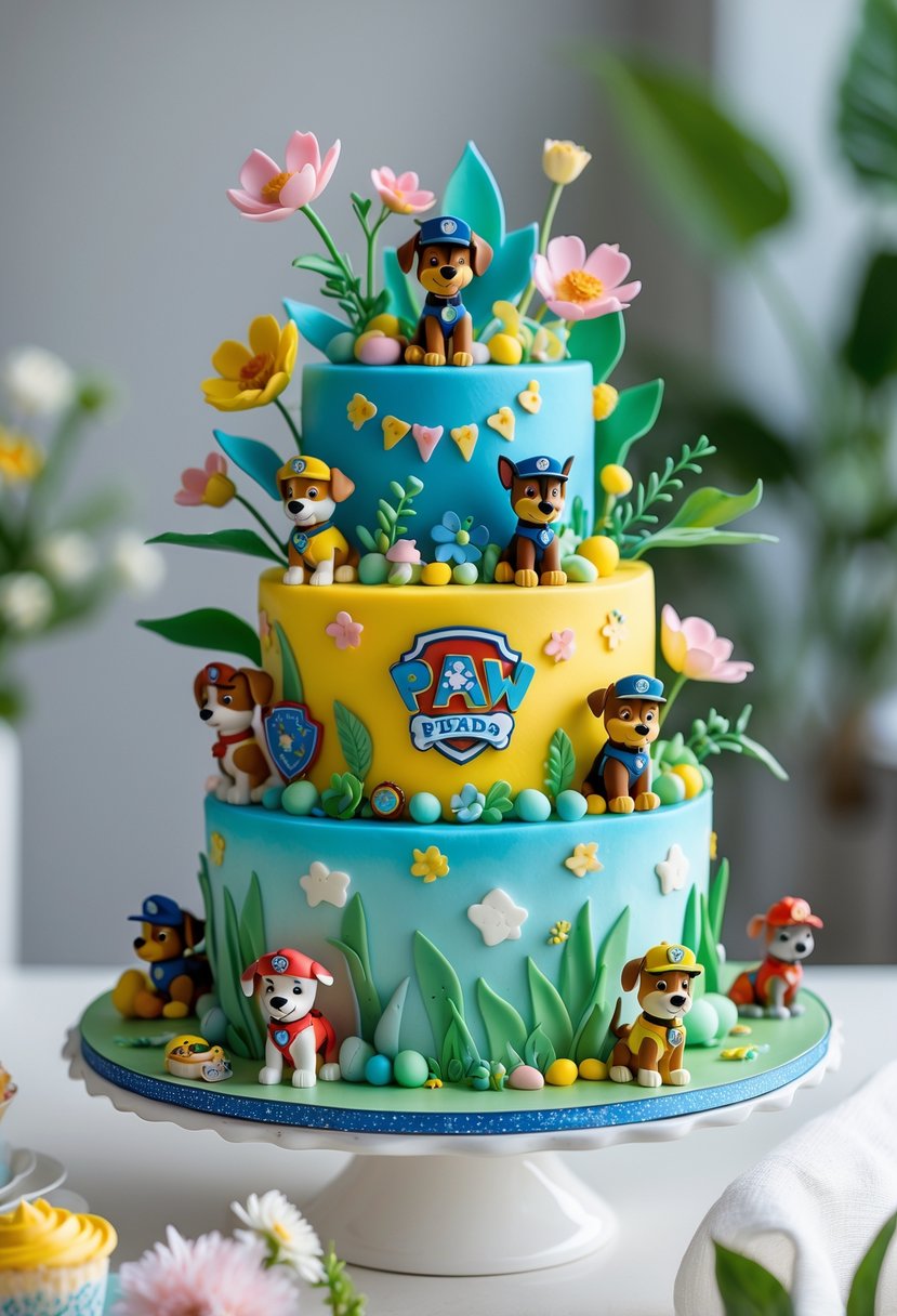 A colorful multi-tiered cake decorated with flowers and small puppy figurines, displayed on a white cake stand.