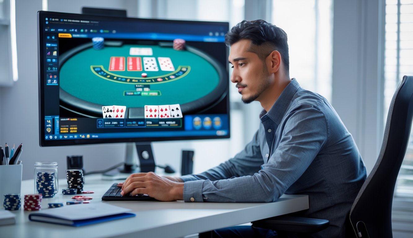 Seorang pemain poker duduk di depan komputer dengan meja poker digital di layar, dikelilingi oleh chip dan kartu remi di ruang kerja yang rapi.
