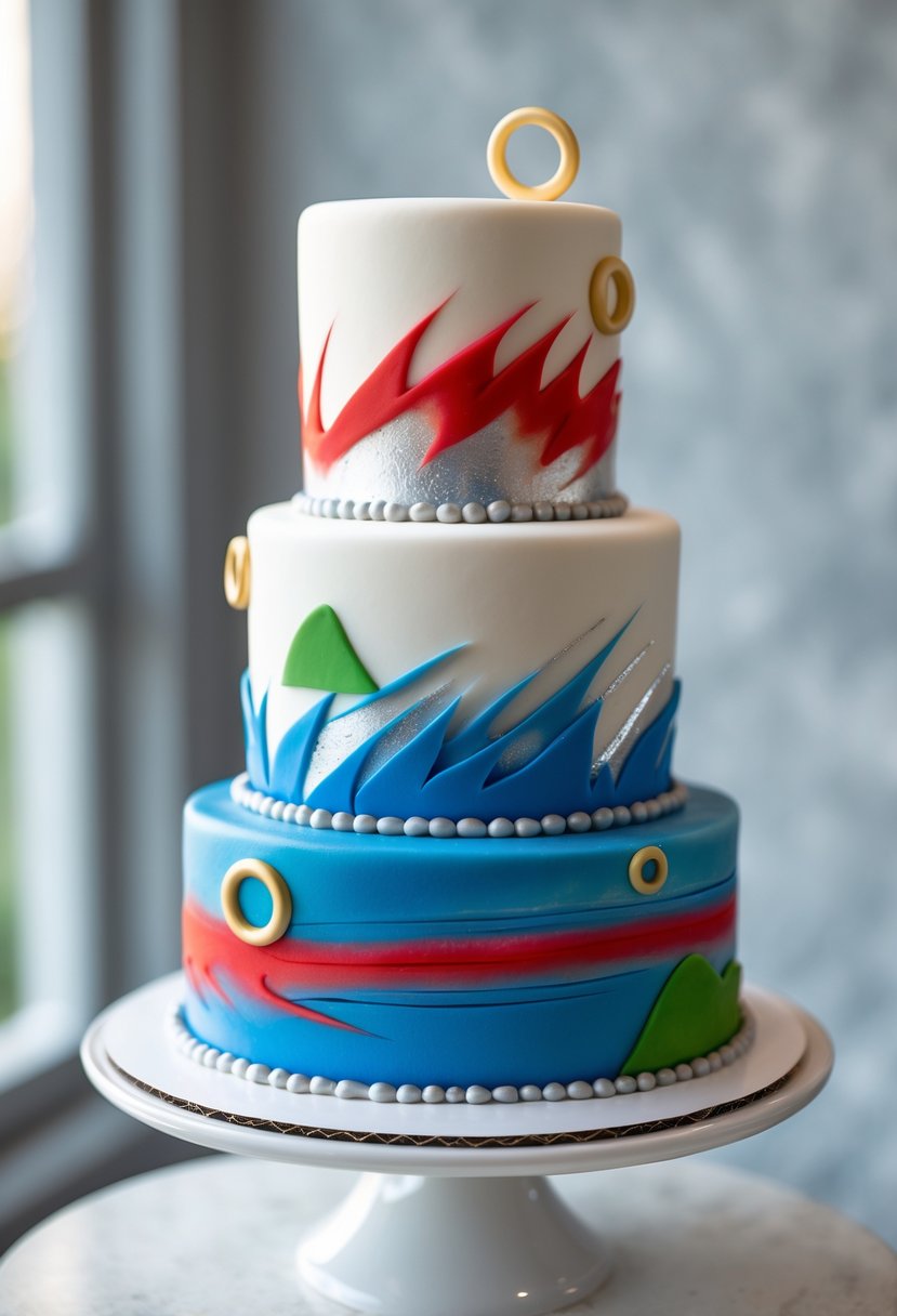 A multi-tiered birthday cake decorated with blue and red speed trail effects inspired by Sonic the Hedgehog, displayed on a white cake stand.