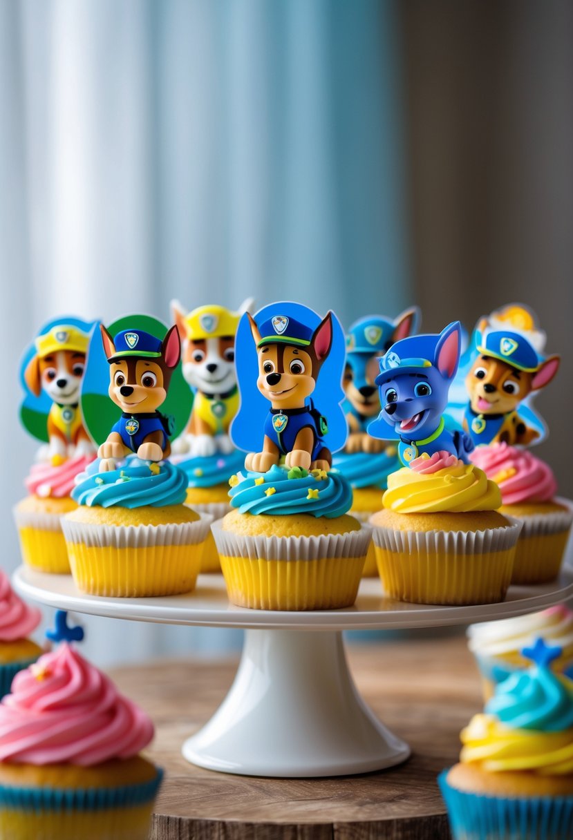 A display of colorful cupcakes decorated with Paw Patrol character toppers arranged on a cake stand and table.