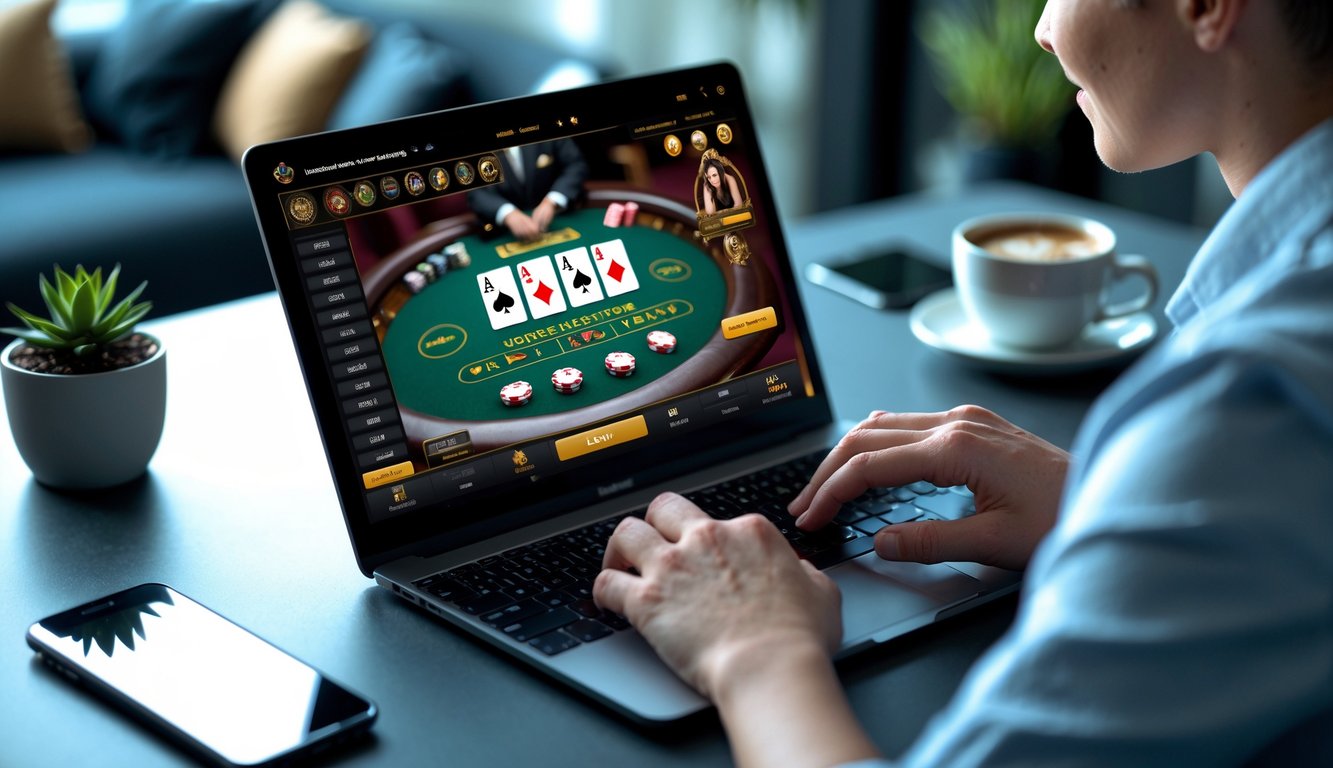 Seseorang sedang bermain kasino langsung online di laptop di ruang kerja yang nyaman.