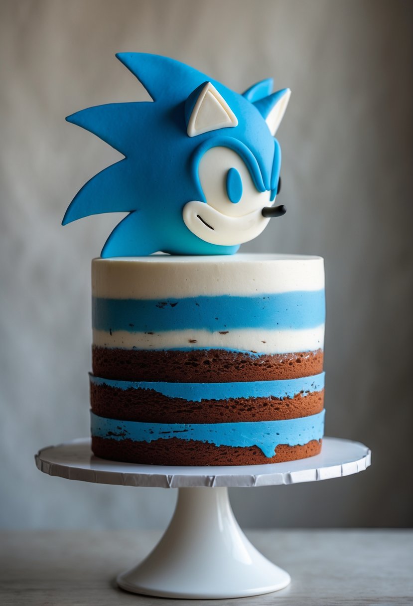 A minimalist birthday cake with blue velvet layers and a silhouette of Sonic the Hedgehog on top, placed on a white cake stand.