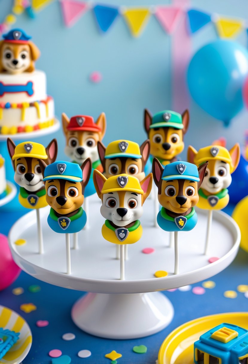 A display of colorful Paw Patrol-themed cake pops shaped and decorated like popular characters, arranged on a stand with party decorations in the background.